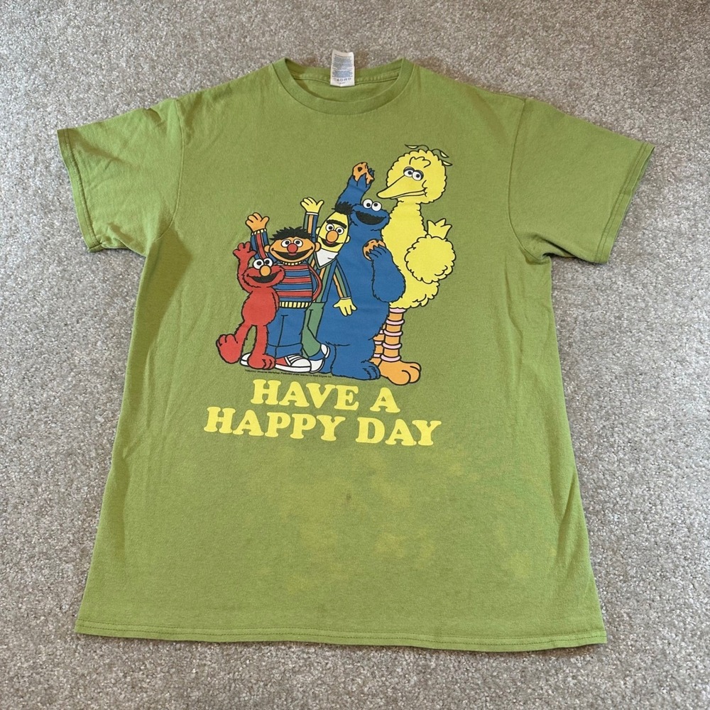 Sesame Street Have A Happy Day Graphic T-Shirt Lime Green Mens Medium Mad Engine